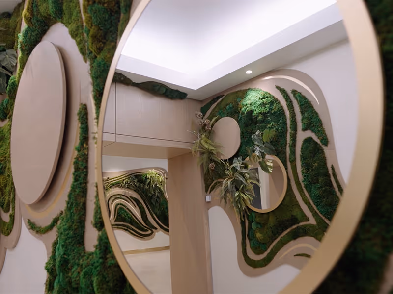 close up of a custom-built moss wall with round mirrors in a corporate lounge area