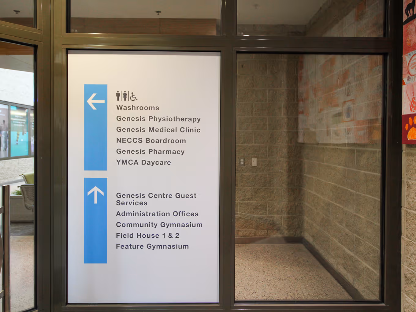 opaque vinyl wayfinding window decals with arrows and text.