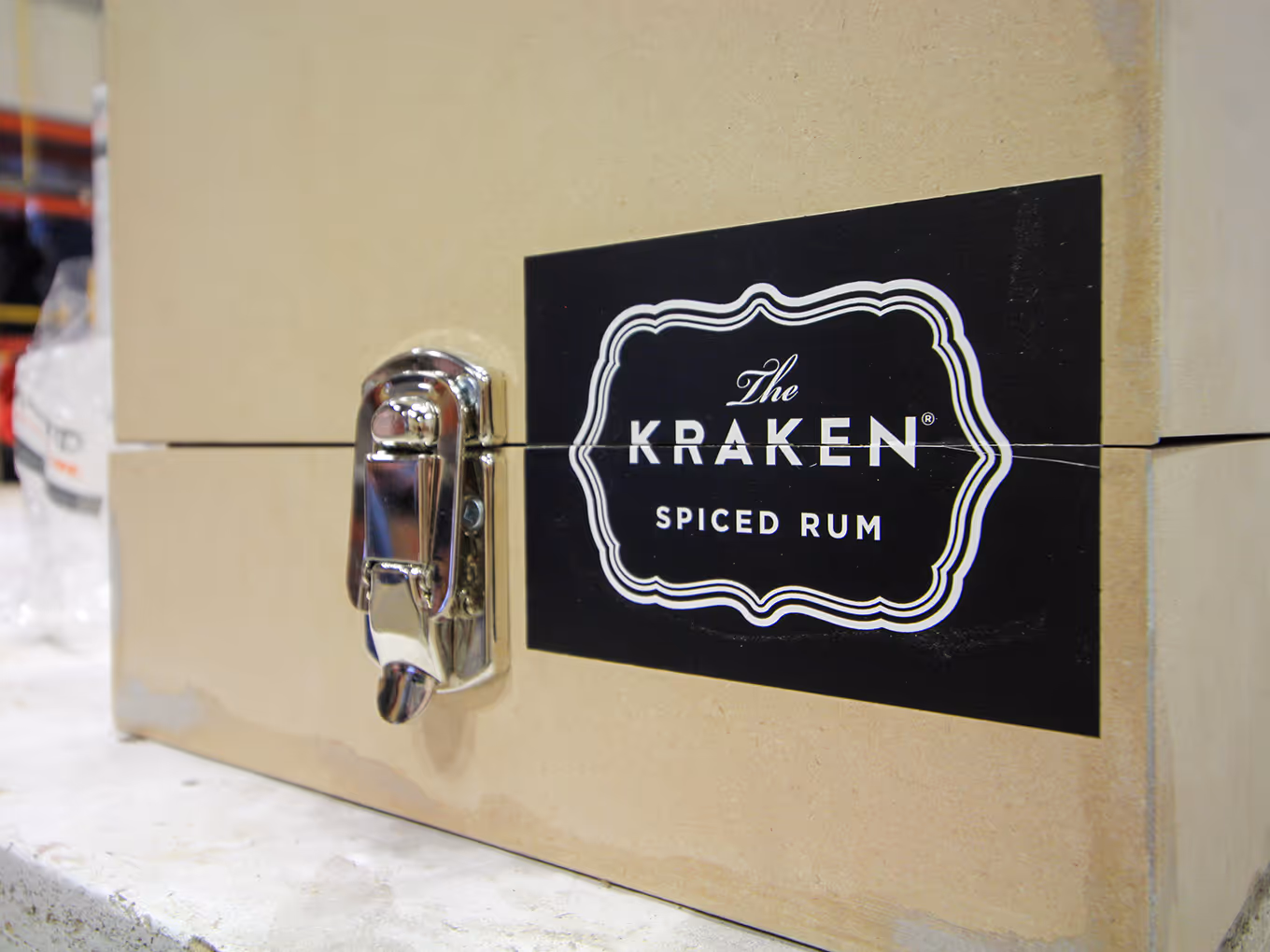 custom-build shipping box with a latch for a Kraken Rum marketing display.