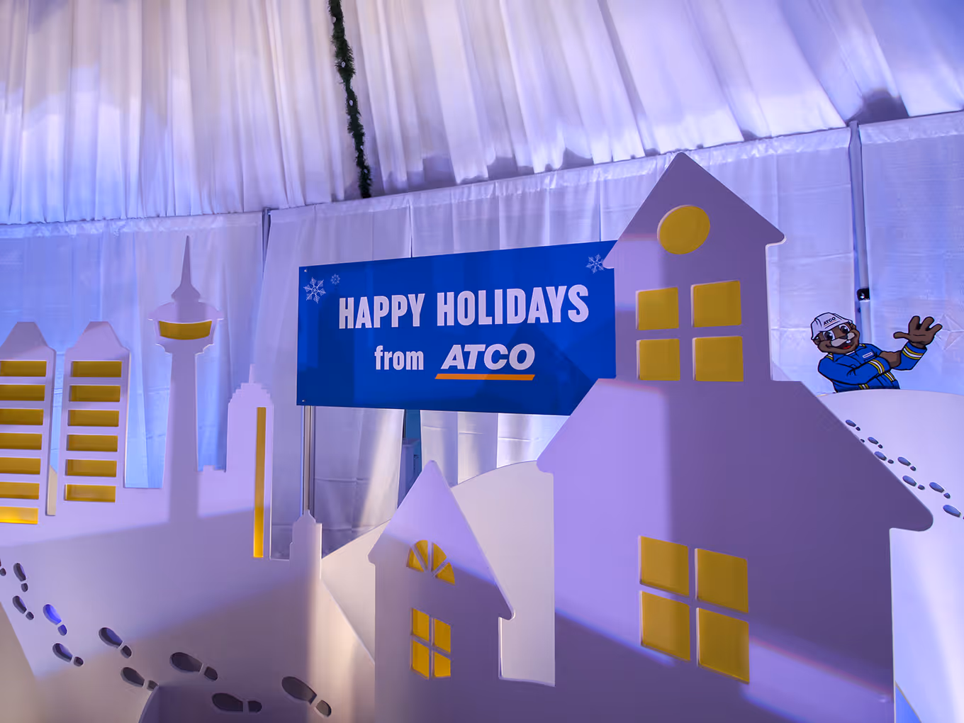 close up of a custom-built Calgary skyline sihouette for an ATCO Christmas display.