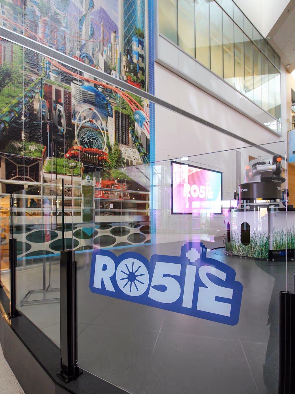 custom "R05iE" glass window decal for a temporary exhibition display.