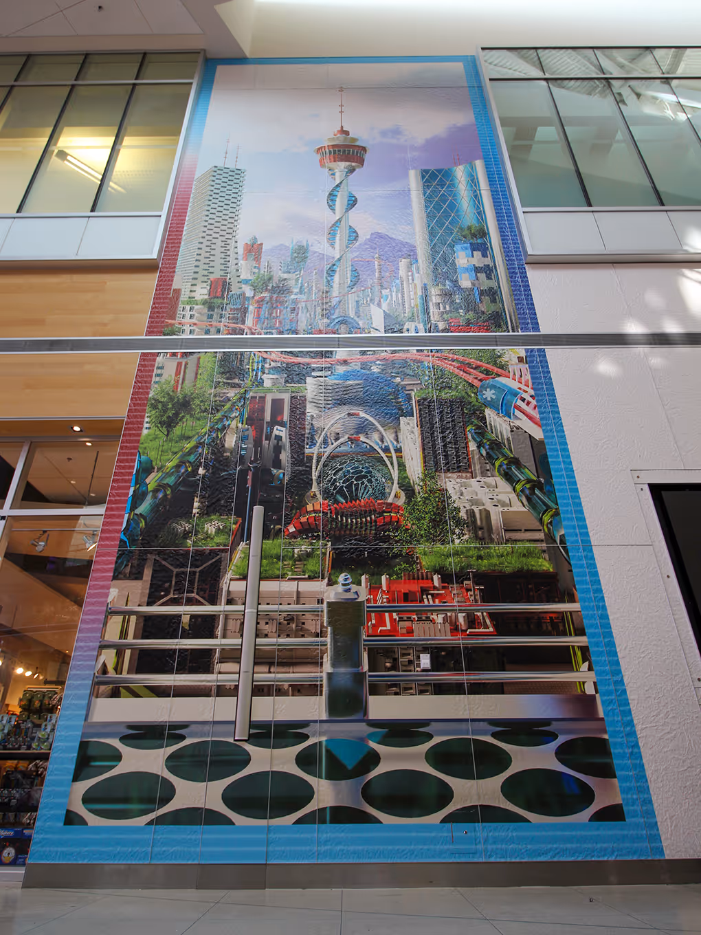 35-foot-tall large-format temporary vinyl wall mural printed for a temporary exhibition in Calgary.
