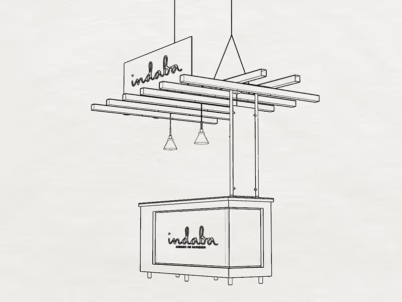 Line drawing rendering of the Indaba reception counter and overhead canopy structure designed for the custom 80x20 trade show booth.