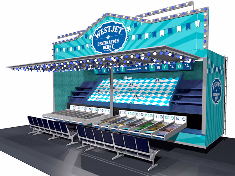 3D rendering of the WestJet custom midway game design concept showing airplane racing lanes, branded façade, and seating layout prior to fabrication.