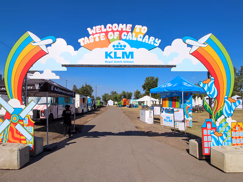 Full front view of the KLM activation archway and jellybean sampling booth designed for the Taste of Calgary festival.