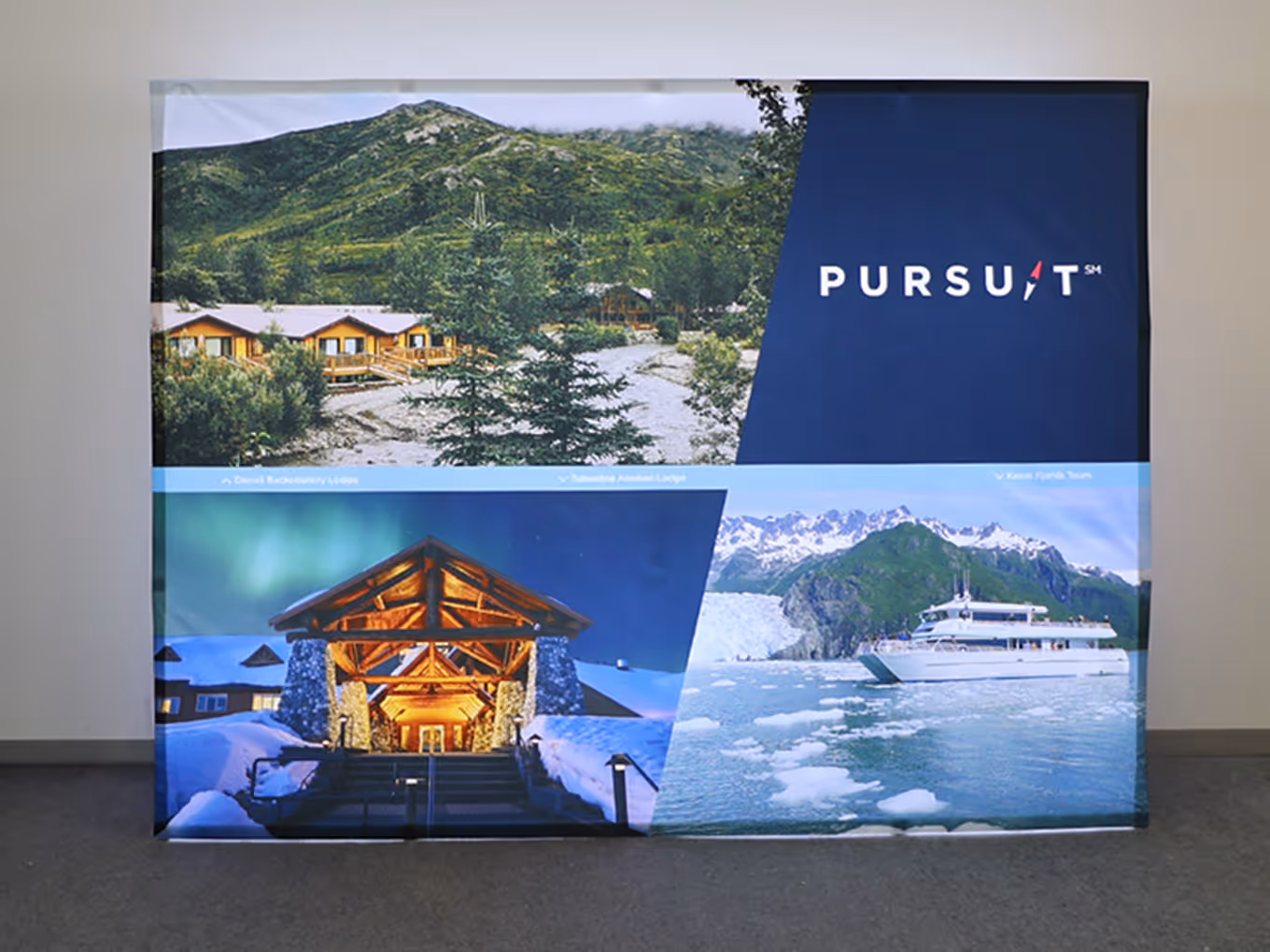 10ft backlit hop-up display featuring multiple scenic attraction photos arranged in angled panels.