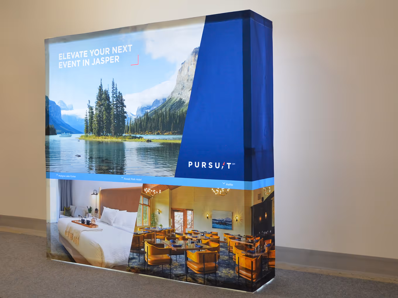 5ft Backlit Pursuit display with Jasper-themed images, including Maligne Lake and hotel and restaurant interiors.