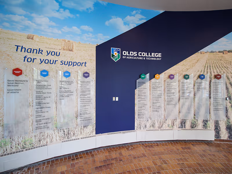 Angled view of Olds College donor plaques with frosted acrylic panels, hexagon caps, and agricultural vinyl graphics.