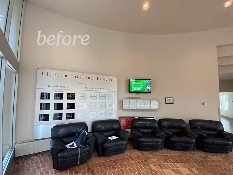 Original Olds College donor display before renovation, featuring basic wall plaques and no full-height graphics.