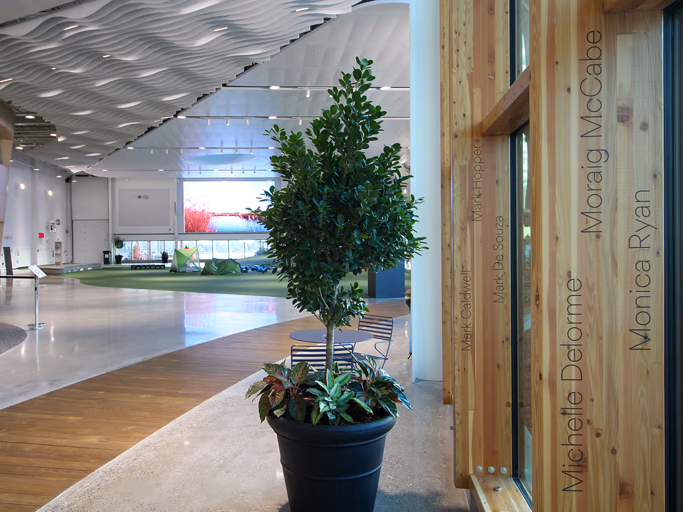 Interior view of Vivo’s Community Hug installation showing donor names applied to wooden beams with matte clear vinyl in the indoor park.
