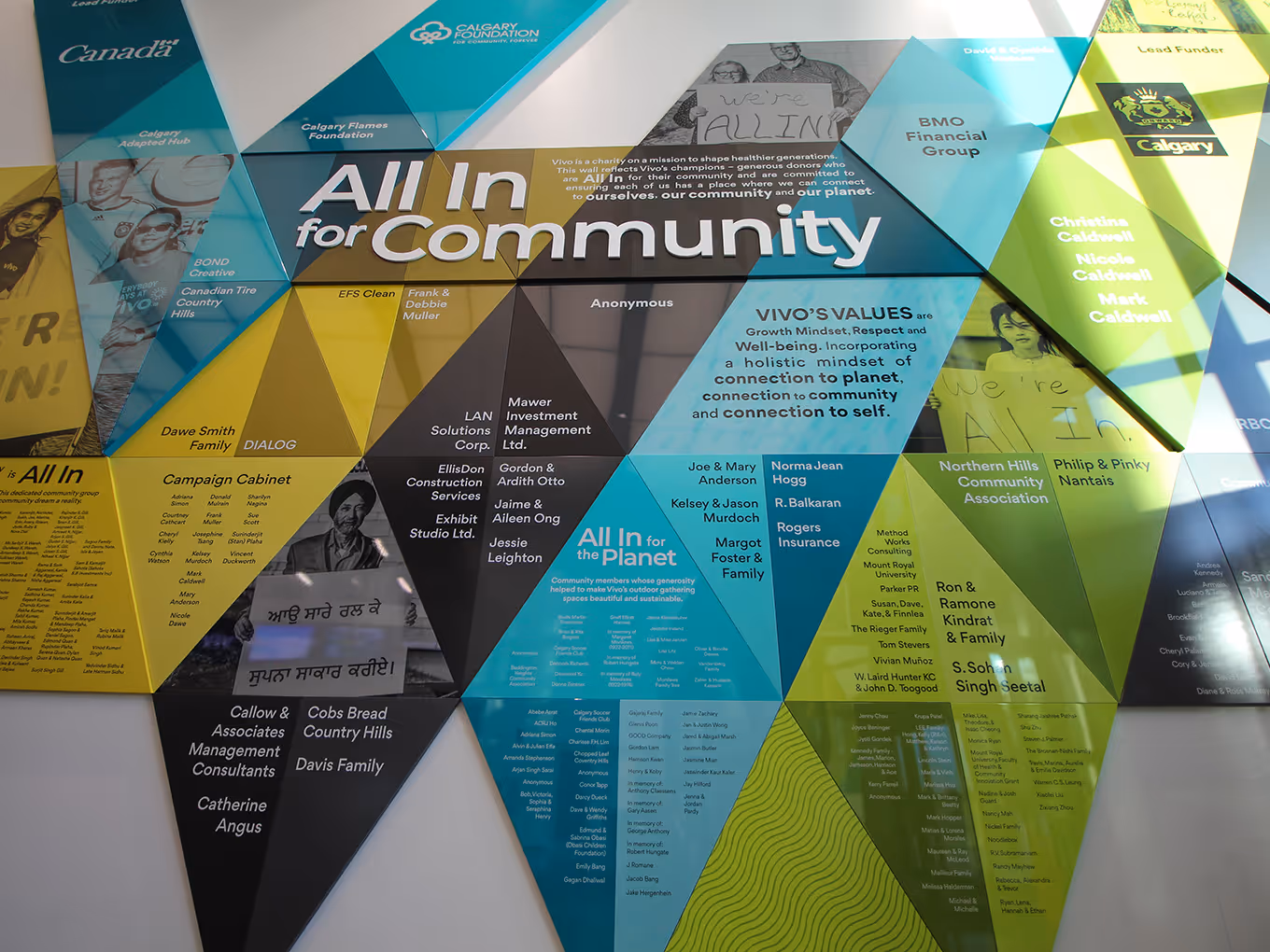 Close-up of Vivo’s All In For Community donor wall with colourful triangular ACM panels, direct-print graphics, and dimensional acrylic lettering.
