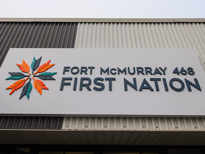 Close-up of Fort McMurray 468 First Nation building sign with dimensional logo and lettering 