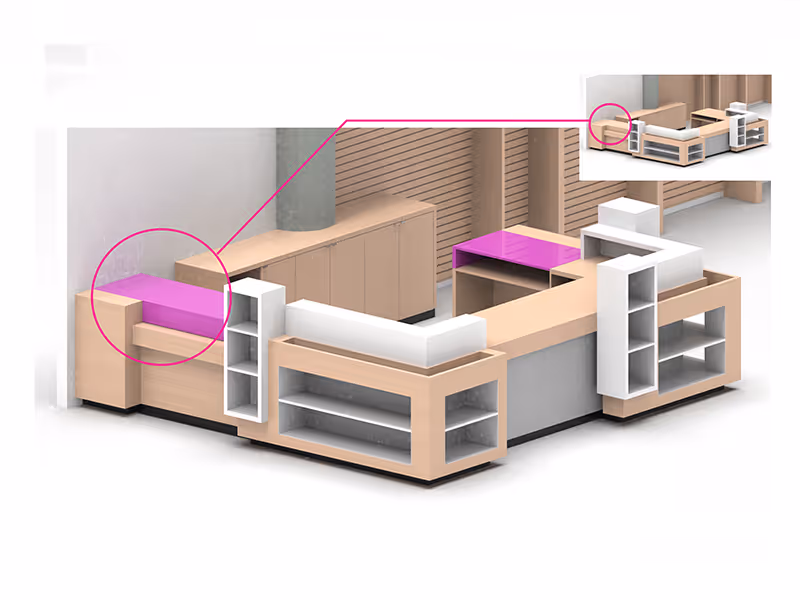 3D rendering of a custom point-of-sale counter designed for the University of Lethbridge Bookstore.