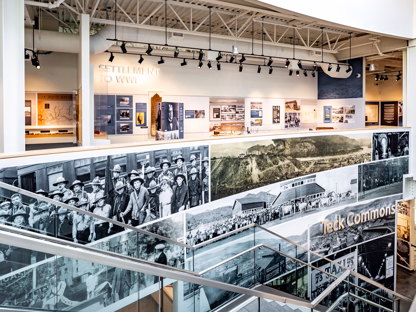 Panoramic view of the Trail Riverfront Centre museum highlighting settlement-era exhibits and wall graphics.