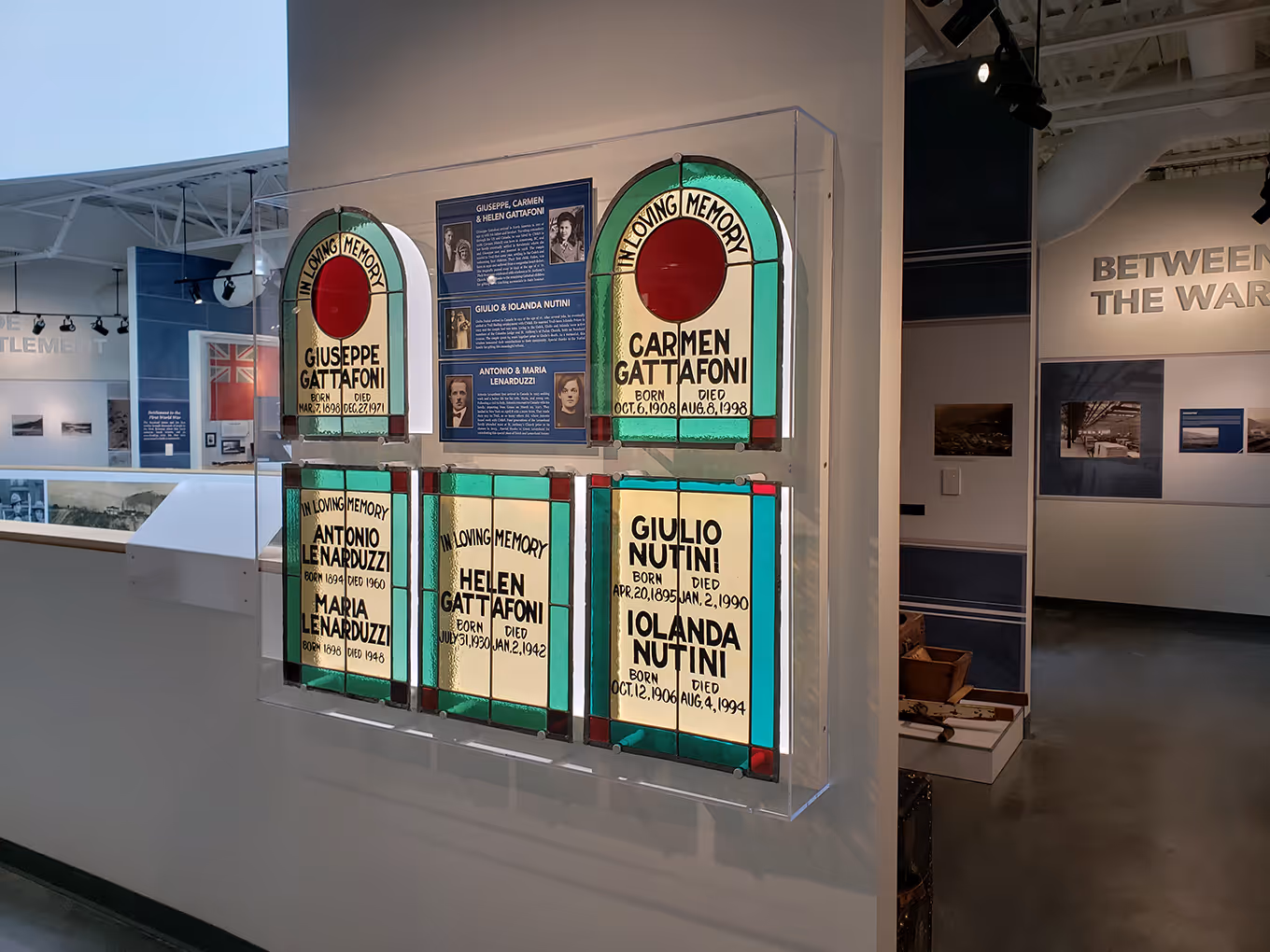 Wide view of the Trail Riverfront Centre museum showing open circulation, artifact displays, and overhead lighting.