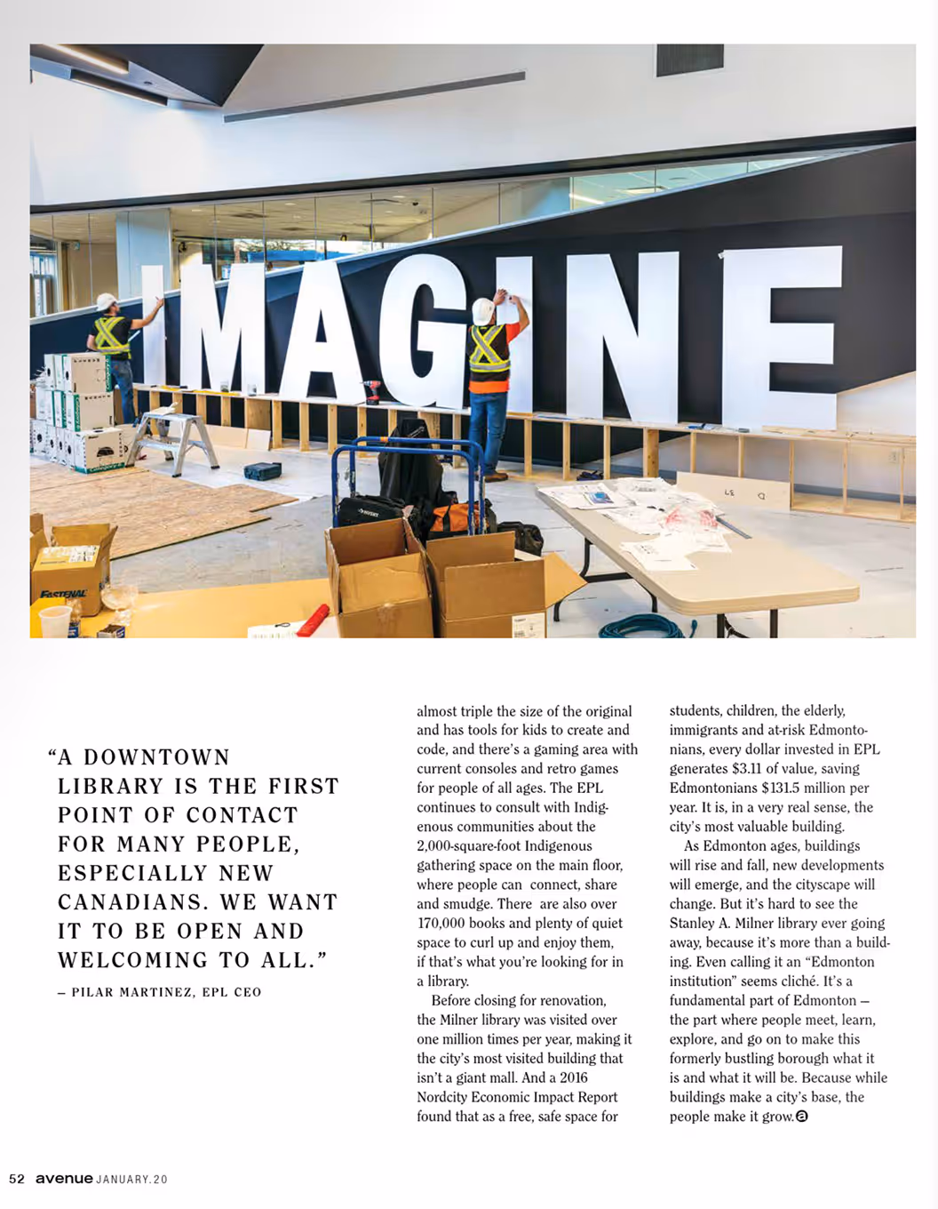 magazine article with a Behind-the-scenes installation of the Imagine donor recognition wall at the Stanley A. Milner Library, featuring large-scale lettering during construction.