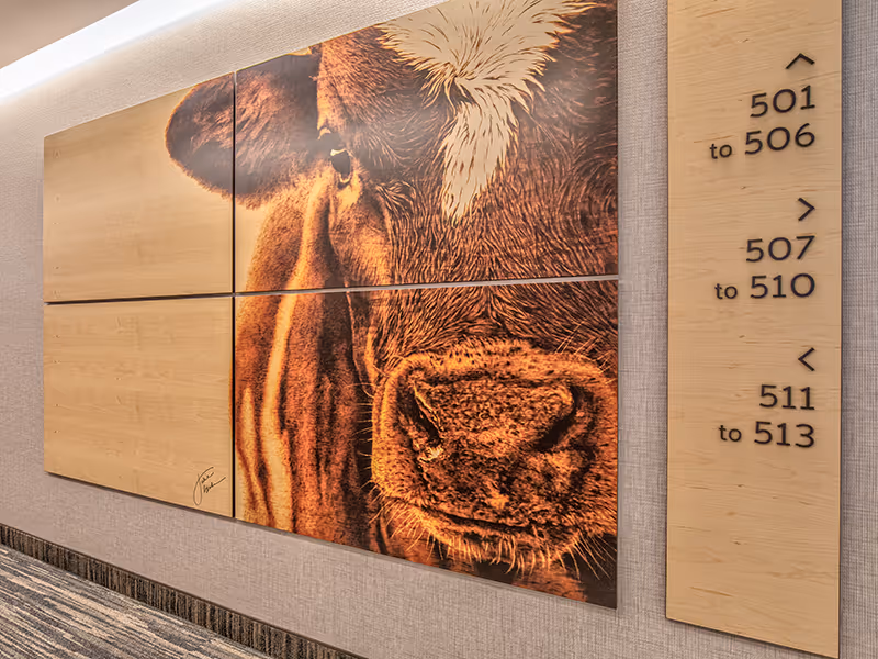 Wide view of a wood-paneled wayfinding installation featuring original horse artwork and directional room numbers.