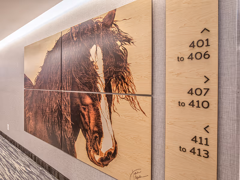 Angled view of custom wayfinding panels combining large-scale artwork with clear directional room numbering.