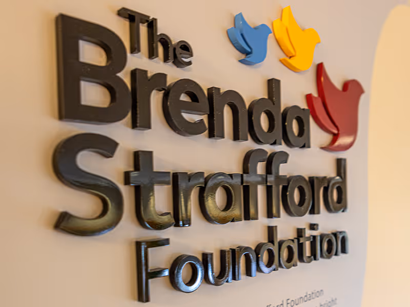 Dimensional acrylic logo signage for The Brenda Strafford Foundation mounted on a curved feature wall.