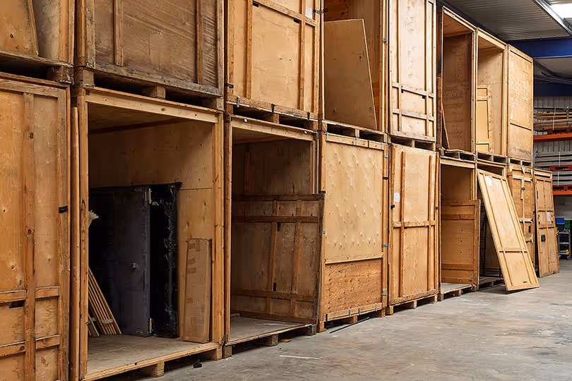 Trade show exhibit crates stored in warehouse facility, representing advanced warehousing versus direct-to-show shipping options.