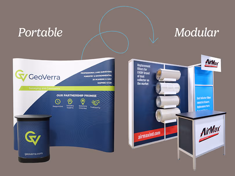 Comparison of portable and modular trade show booths, showing curved pop-up display and modular exhibit with shelves and branded counter.