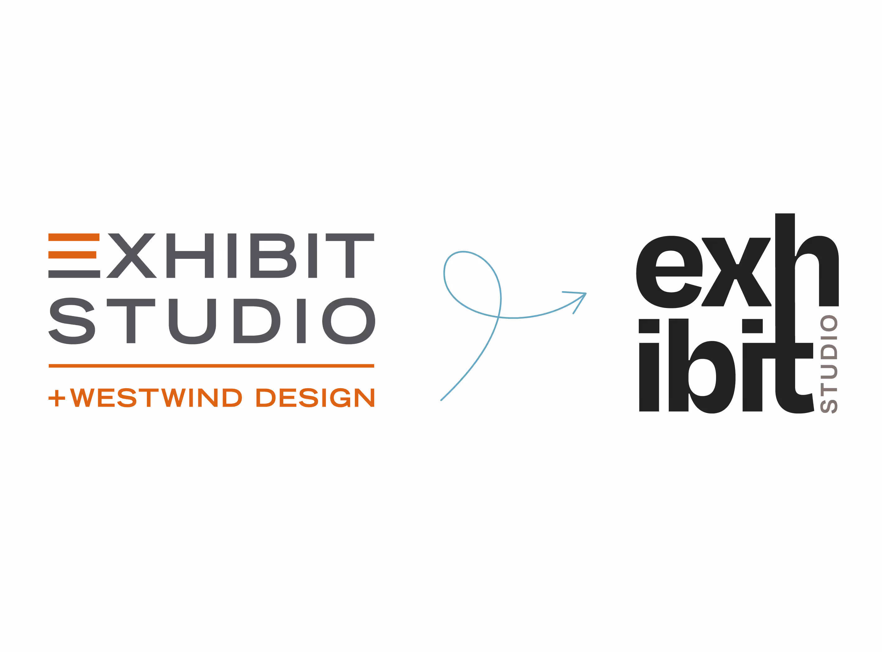 Exhibit Studio rebrand comparison showing previous logo with Westwind Design and new minimalist exhibit studio logo on dark background.