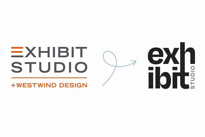 Exhibit Studio logo refresh showing transition from Exhibit Studio + Westwind Design to new modern exhibit studio brand mark.