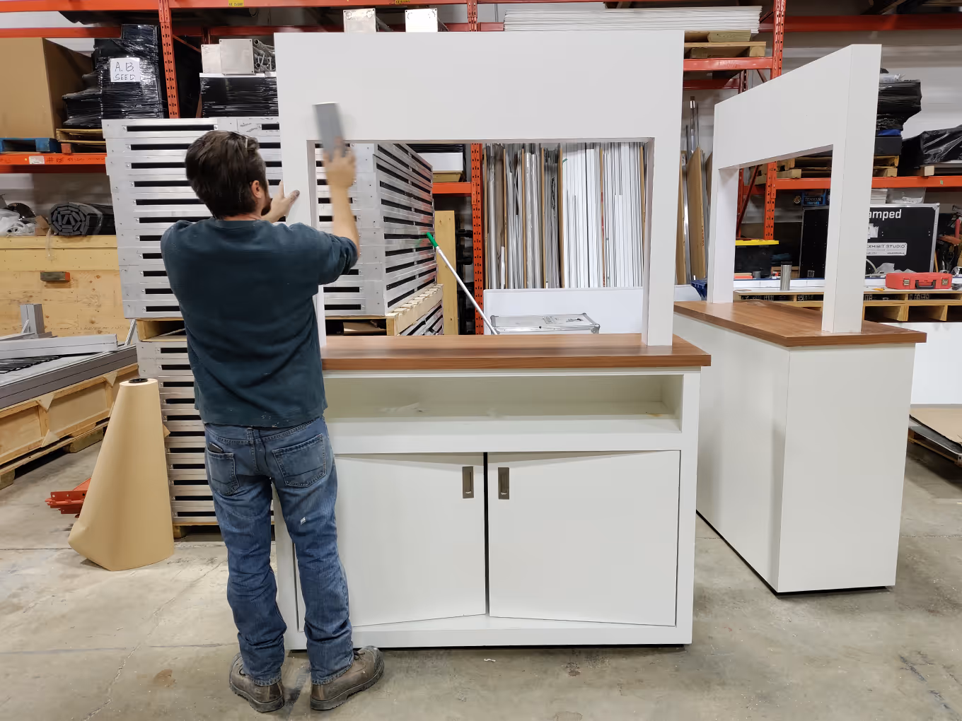 custom-built counter in the Exhibit studio workshop for events and trade shows