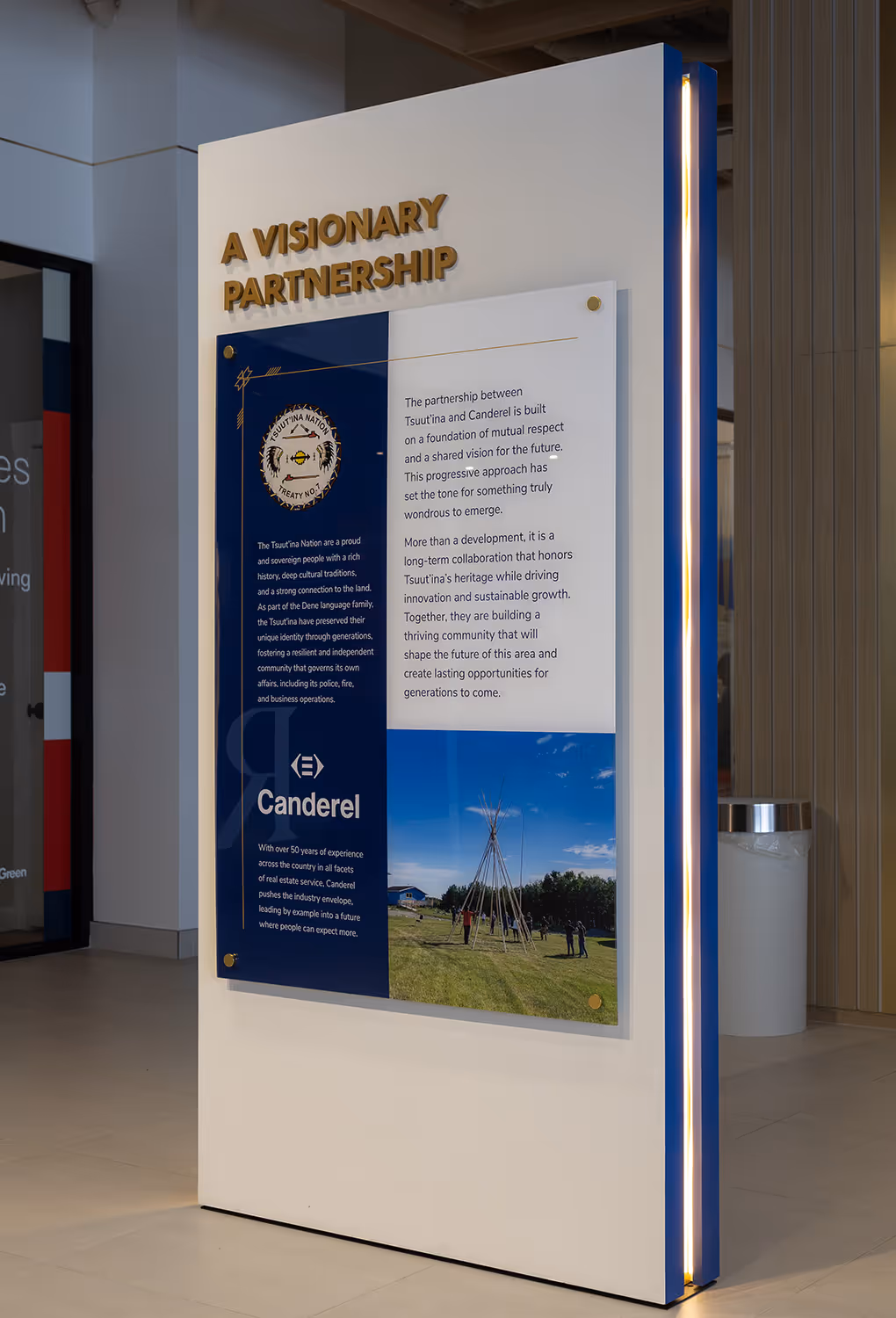 Illuminated display panel titled "A Visionary Partnership" highlighting the Tsuut'ina Nation and Canderel collaboration at Taza Park.