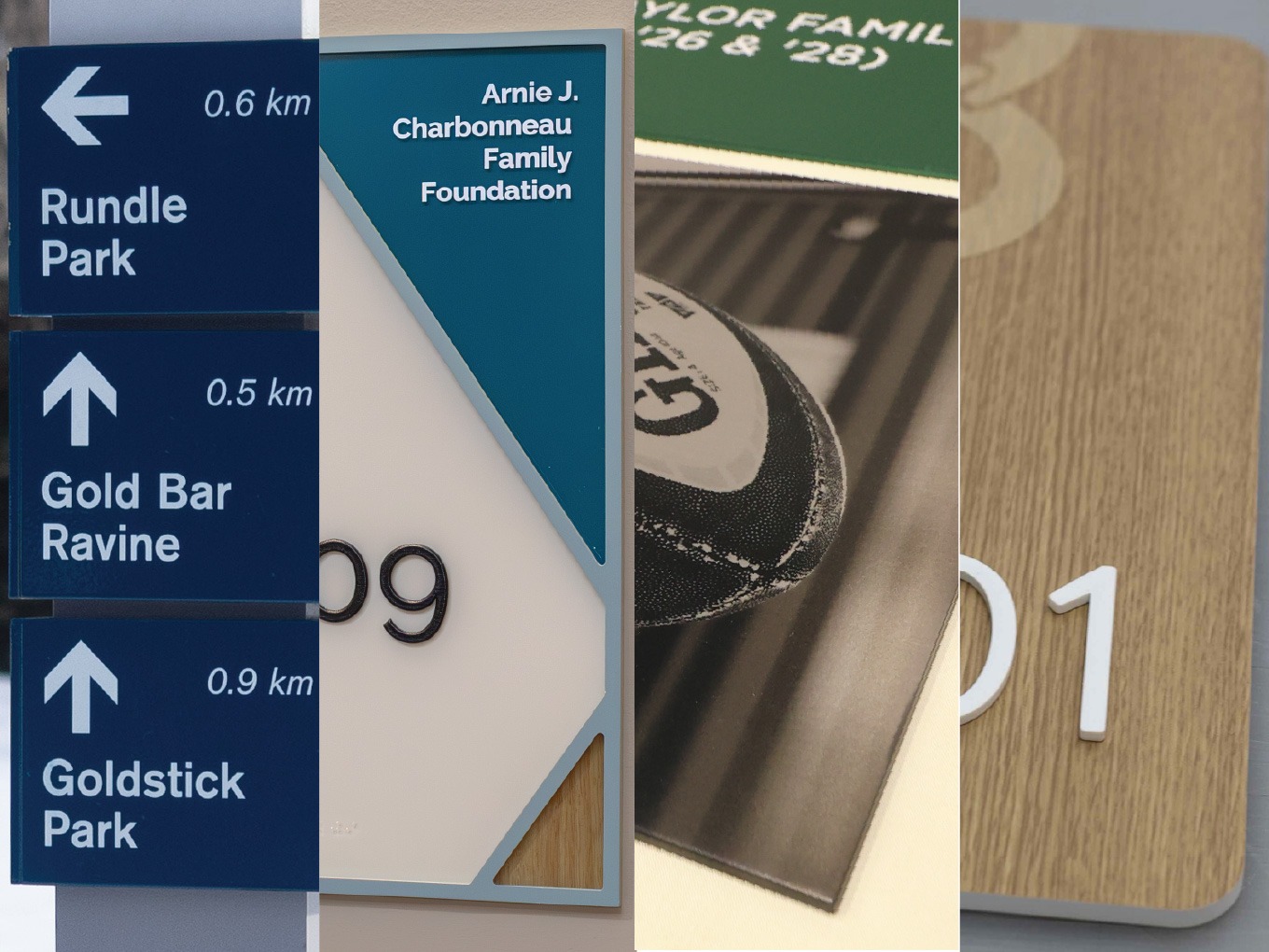 Composite image featuring four wayfinding signage materials: outdoor directional panels, a framed door sign, Fortex material, and wood-finish room number plaques.