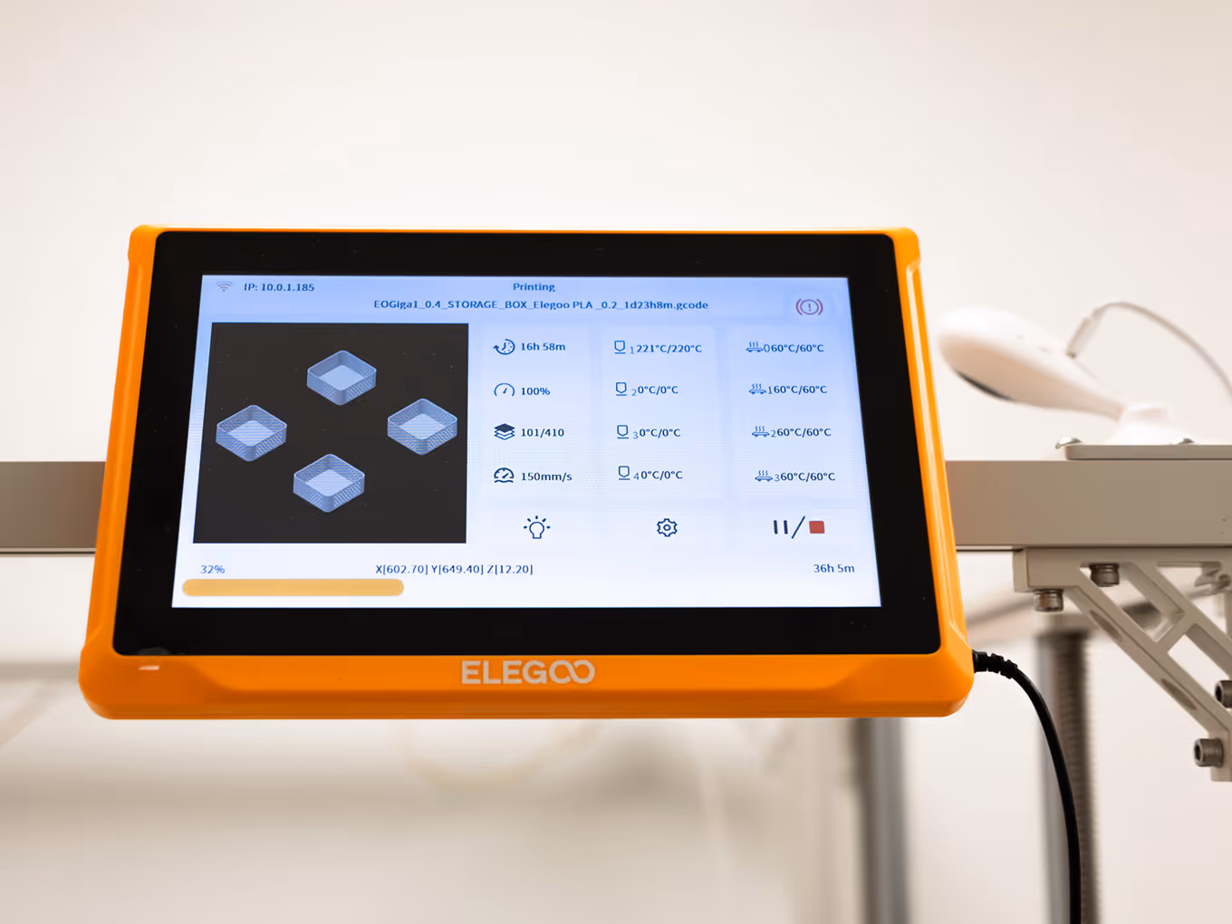 Elegoo OrangeStorm Giga touchscreen displaying a 4-part print job in progress, showing real-time print status and remote monitoring interface