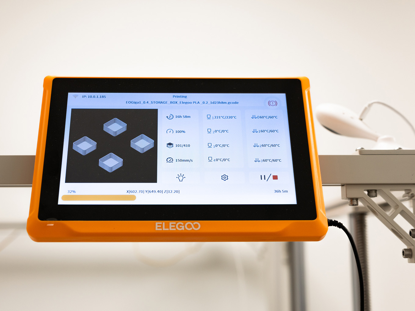 Elegoo OrangeStorm Giga touchscreen displaying a 4-part print job in progress, showing real-time print status and remote monitoring interface