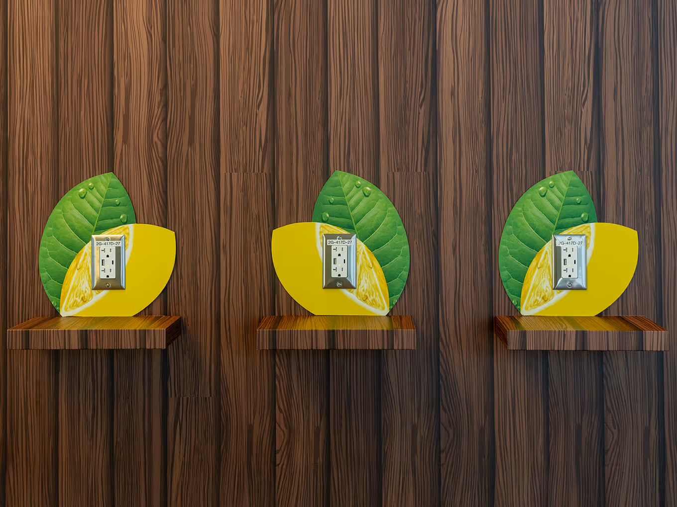 Custom lemon-shaped USB and power charging stations mounted on wood-panel wall inside Fuze Flavour Lounge activation