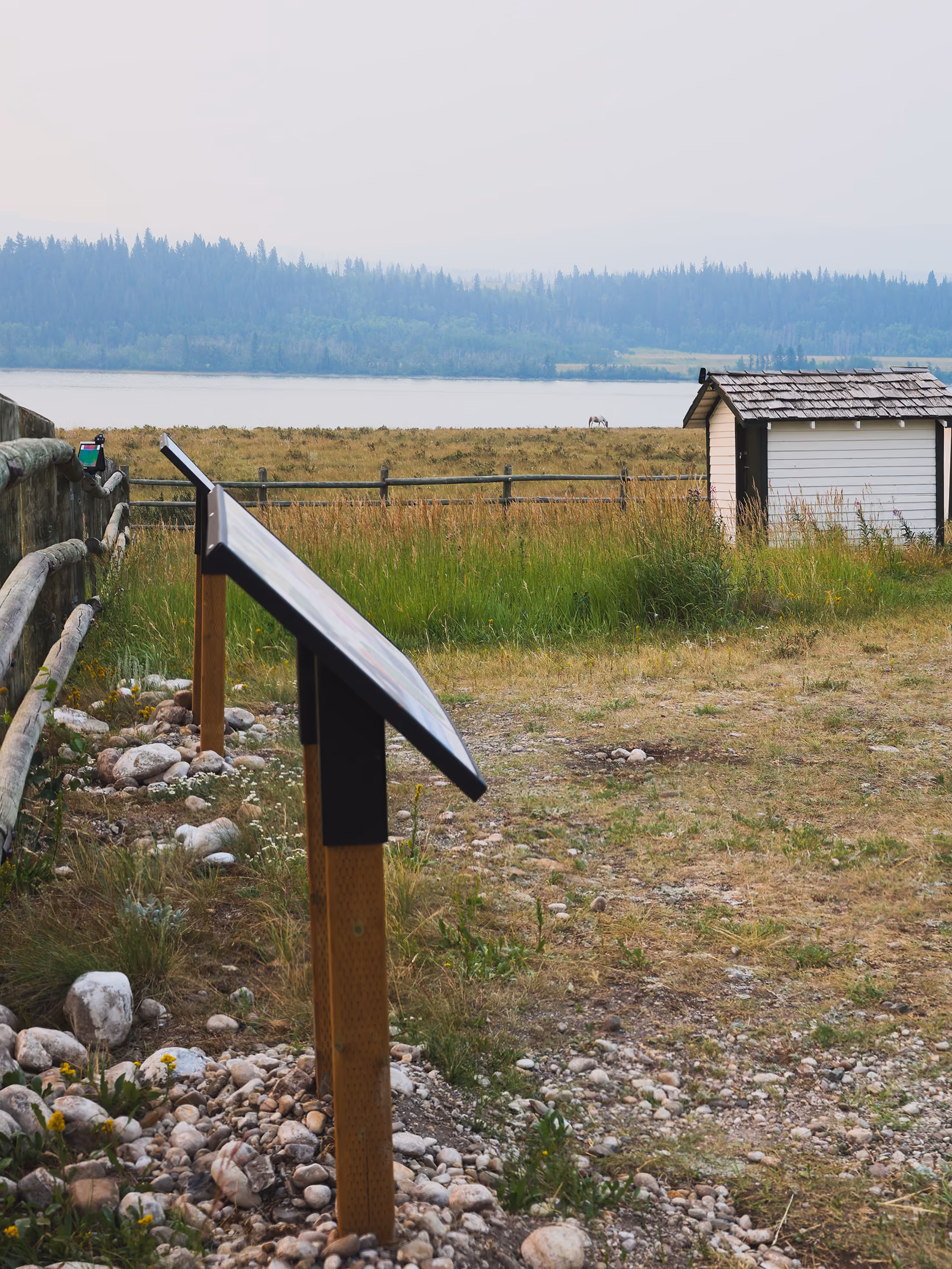 Interpretive panel near the lakeshore with a small outbuilding and grazing horse in the background.