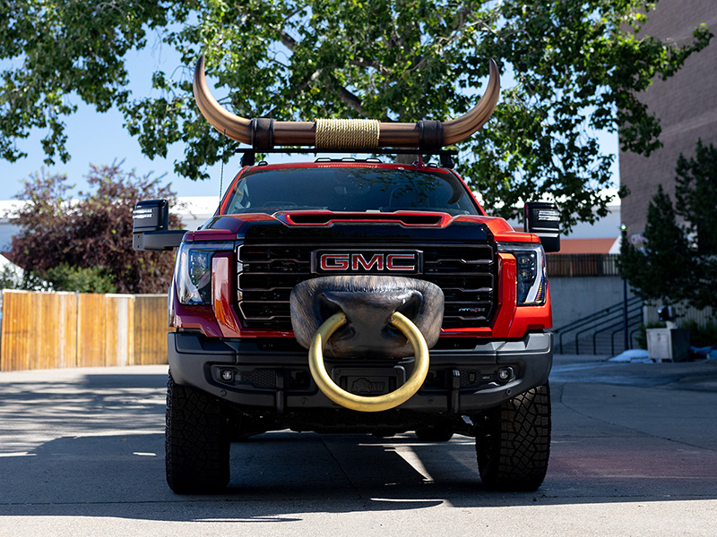 Custom GMC truck display with fabricated bull horns and nose ring for the Calgary Stampede parade.