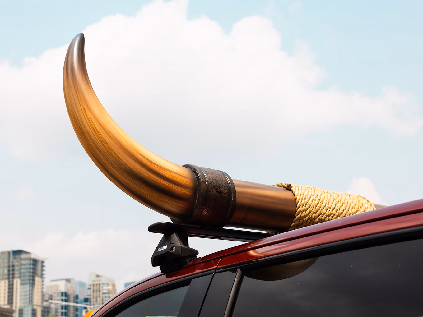 Close-up of a fabricated bull horn mounted on a roof rack against the downtown Calgary skyline.