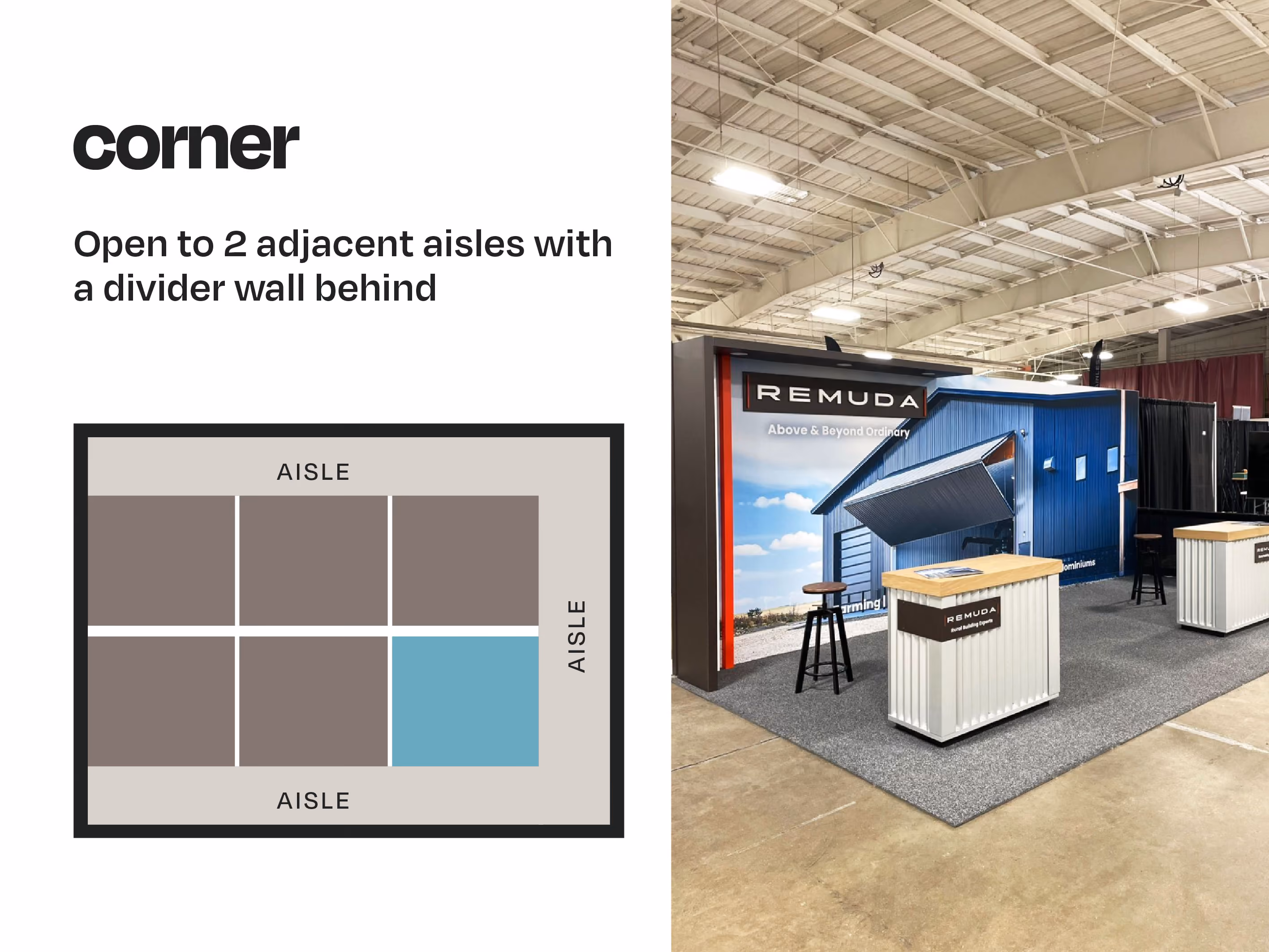 Diagram of a corner trade show booth layout open to two aisles, next to a photo of the Remuda booth with rural construction-themed graphics and counter.