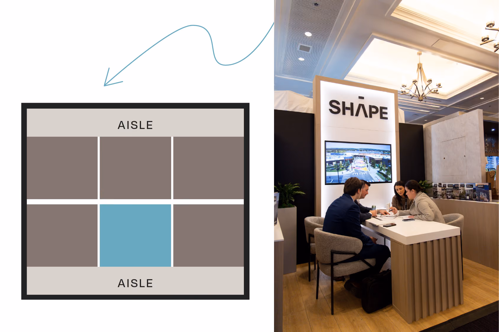 tradeshow booth layout diagram with an image of a linear 10x10 trade show display on the right.