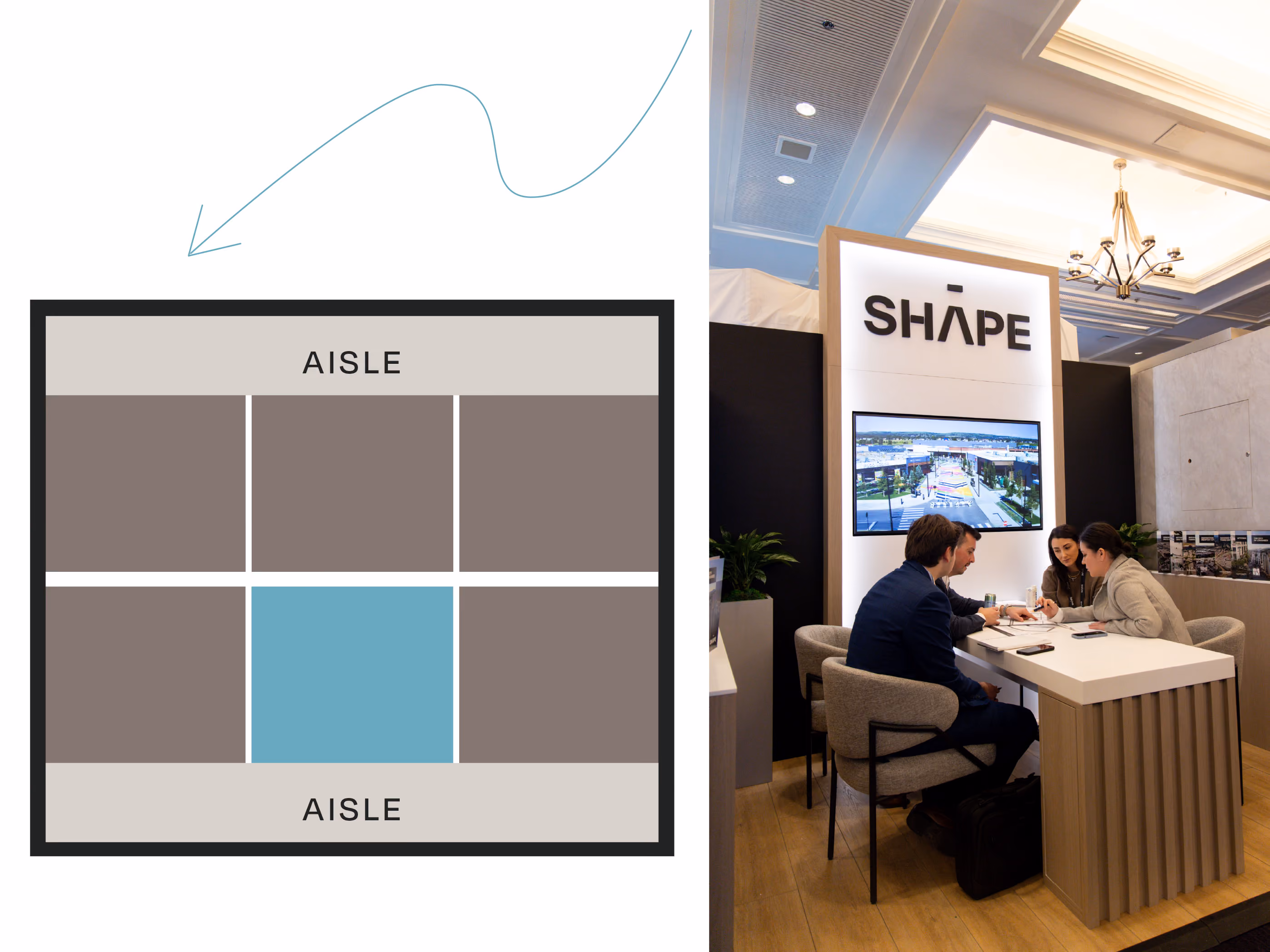 tradeshow booth layout diagram next to an image of a linear 10x10 trade show display.