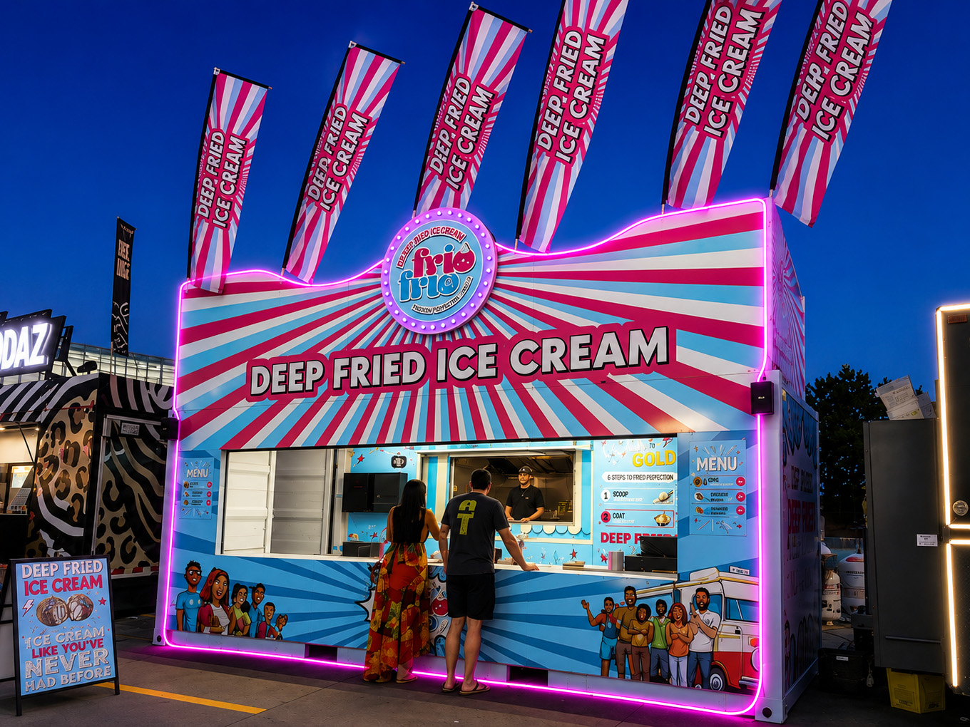 Front view of the Frio Frio container stand at dusk, with a pink neon outline, a branded sunburst header and a sandwich board sign.