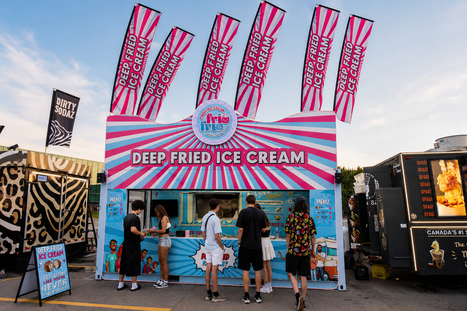 The Frio Frio stand at a fair, with a side panel that asks "Did you say deep fried ice cream?" as customers gather at the counter.
