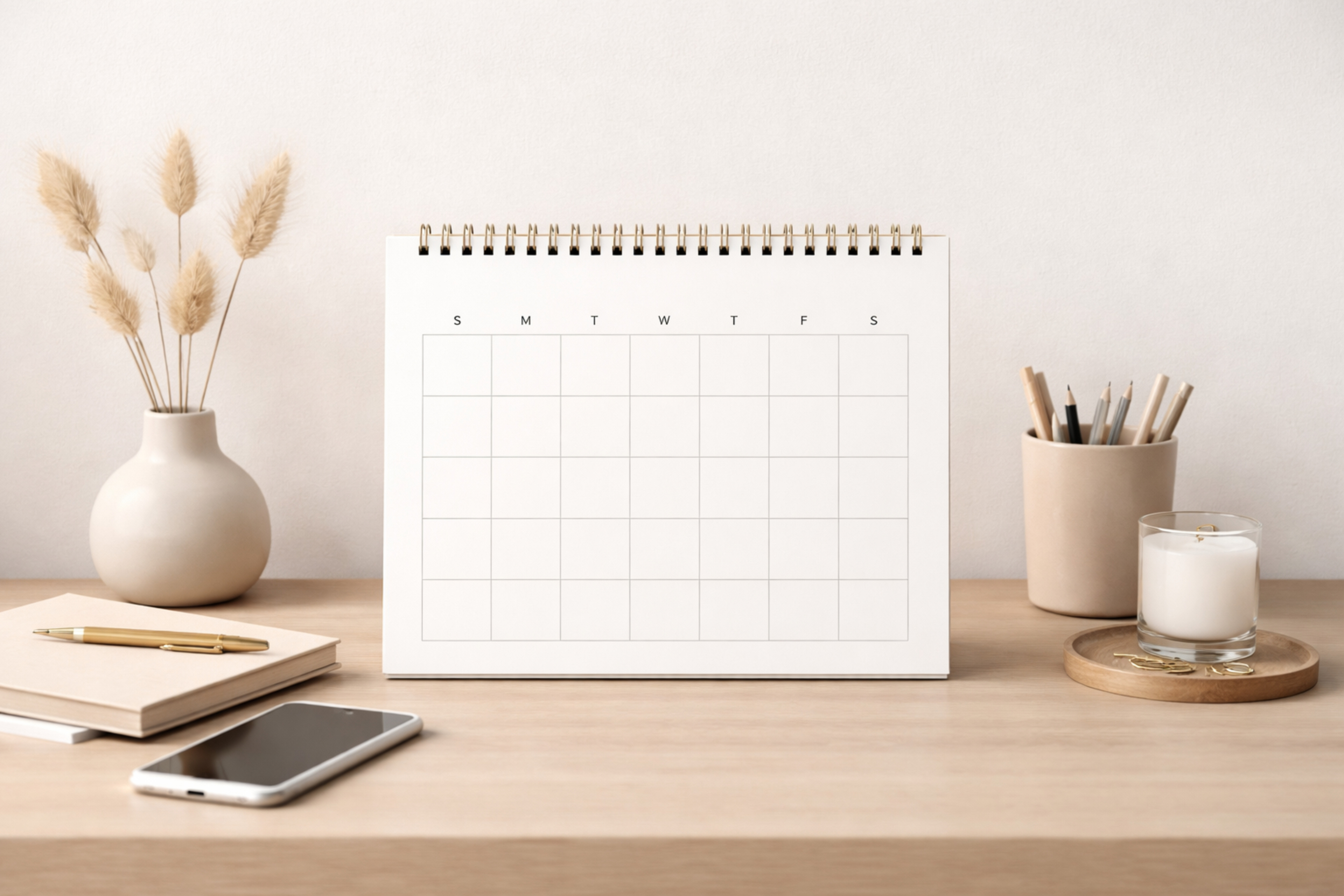 Minimalist desk with a calendar against a neutral wall.