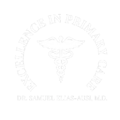 White medical caduceus symbol with wings and two snakes wrapped around a staff, encircled by the words 'Excellence in Primary Care' and below it 'Dr. Samuel Elias-Ausi, M.D.' on a black background.