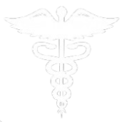 White medical caduceus symbol with two snakes entwined around a winged staff on black background.