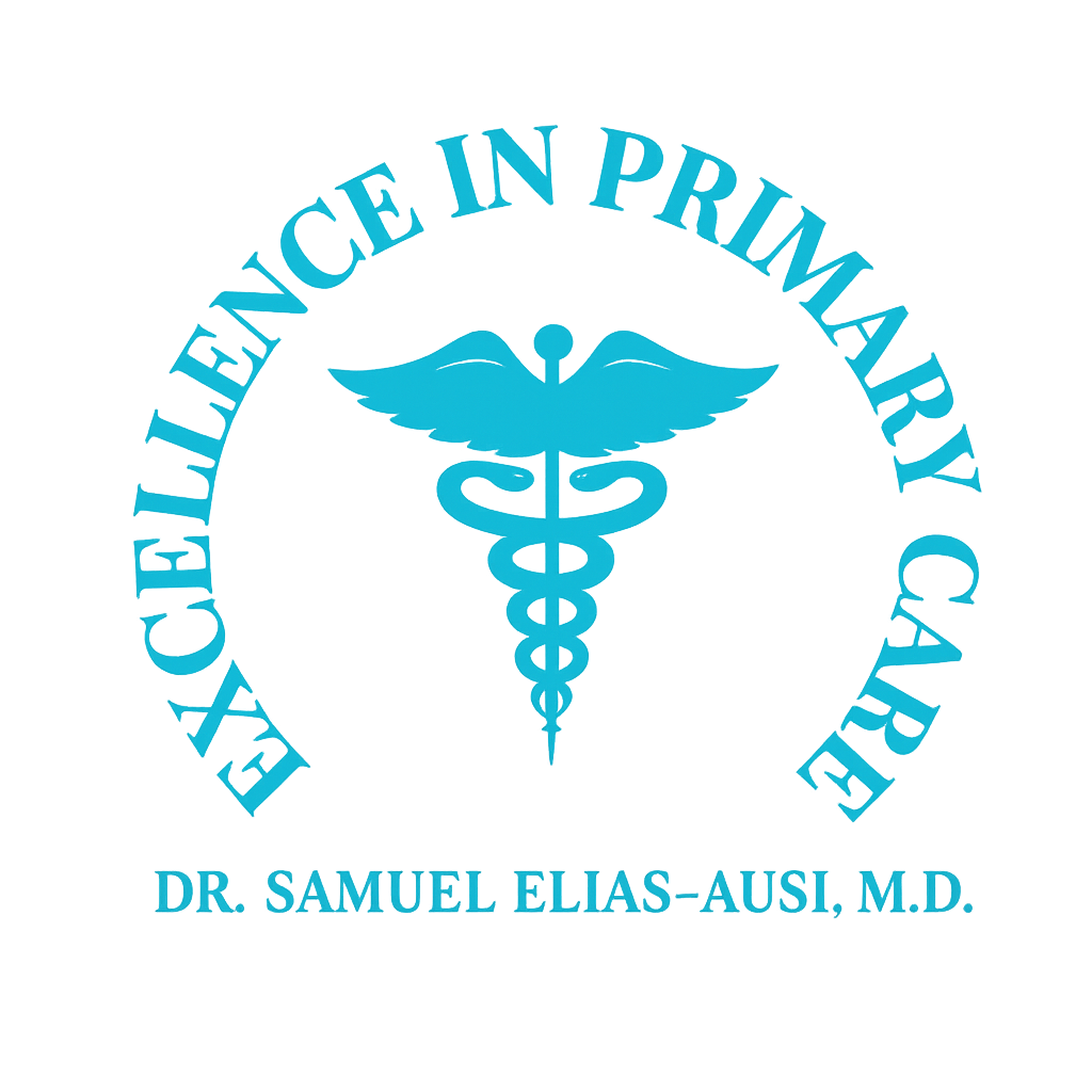 Blue glowing caduceus symbol with text reading Excellence in Primary Care above and Dr. Samuel Elias-Ausi, M.D. below on a black background.