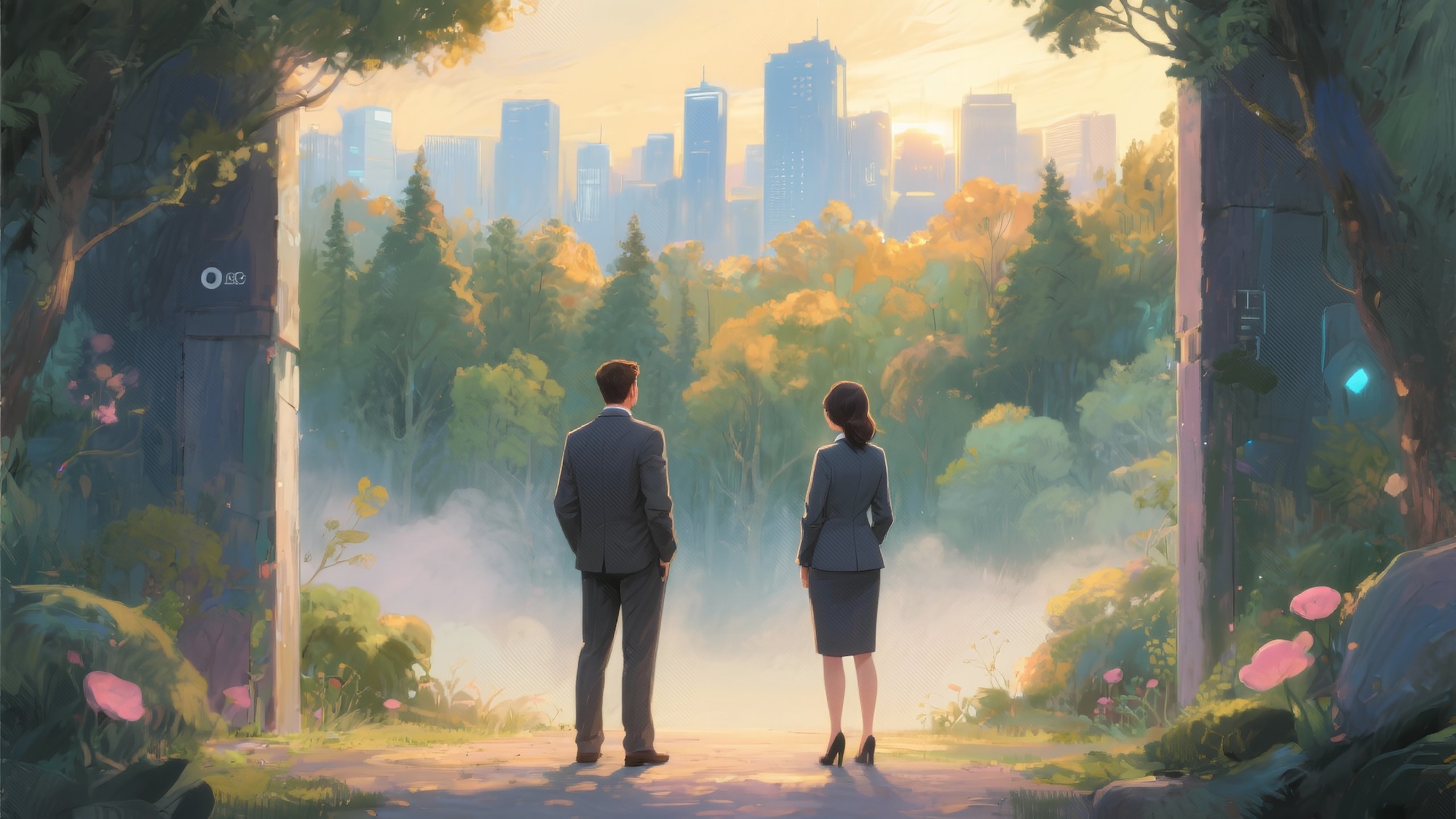 An artistic illustration of a man and woman in business attire standing at the edge of a lush forest, facing the sunrise beyond a distant city skyline. The scene symbolizes balance, reflection, and the search for meaning beyond work.