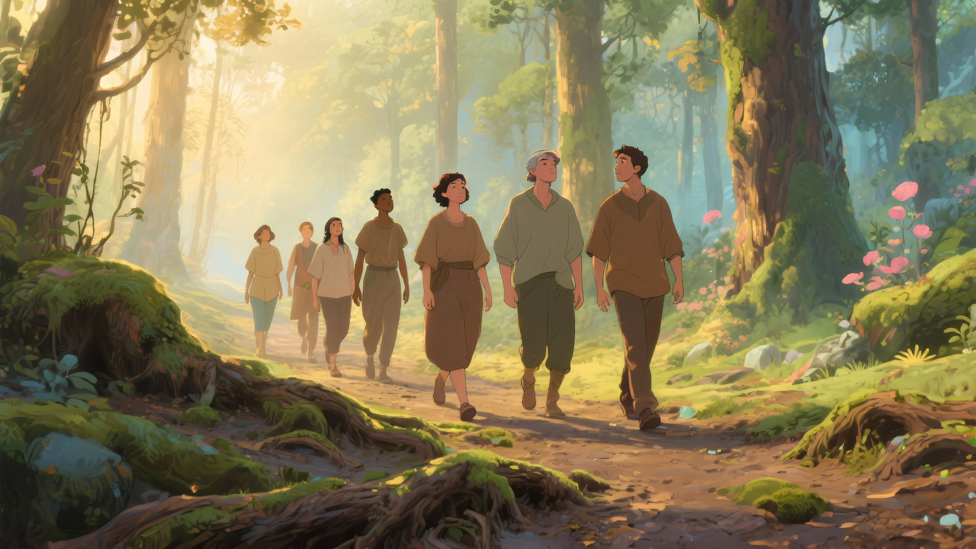 A diverse group of adults walks together along an uneven forest path at sunrise, warm light illuminating moss and roots — symbolizing equity, inclusion, and the quiet work of repair.