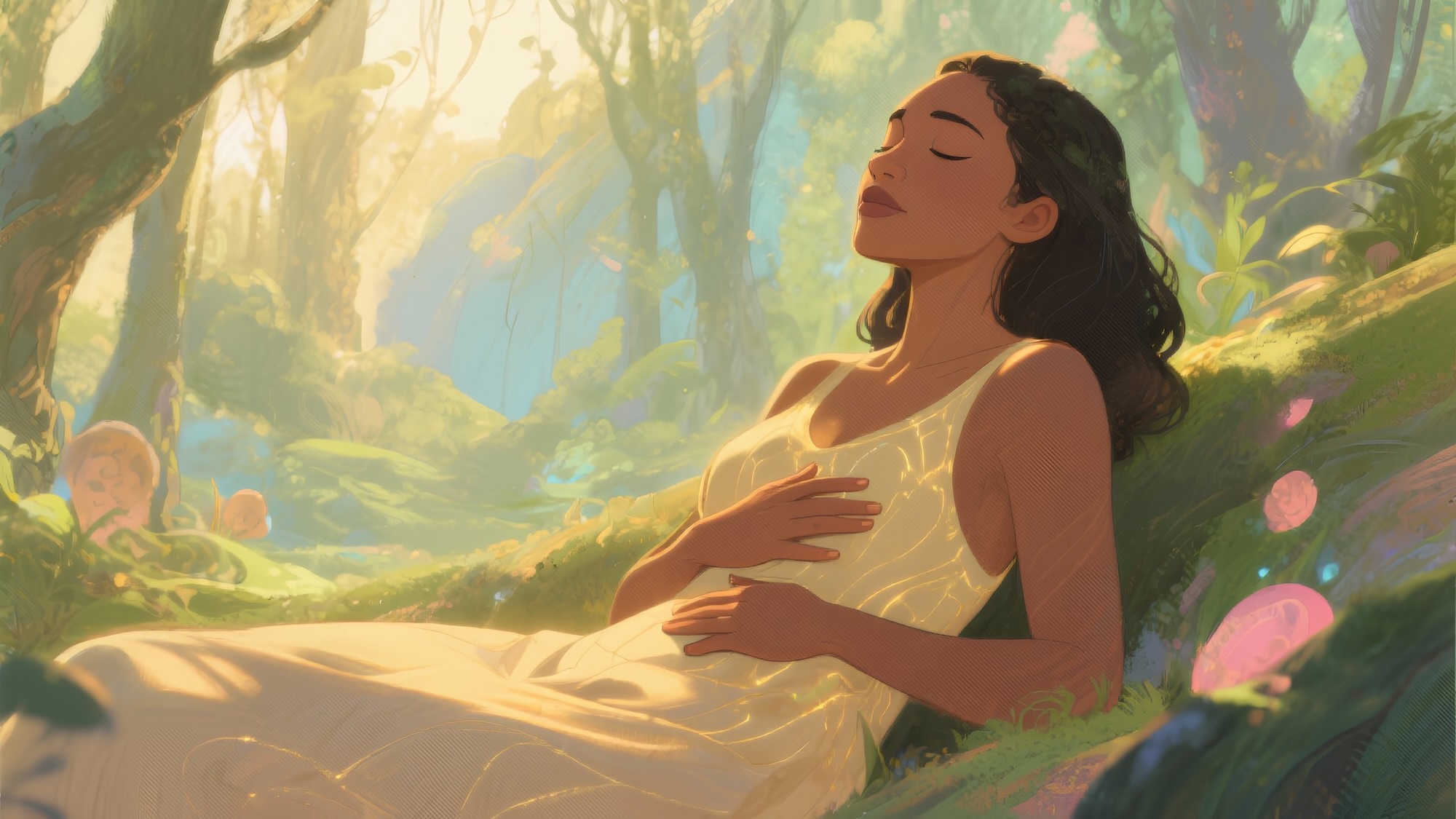 A woman of color sits in soft natural light, hand resting over her heart, surrounded by organic textures—symbolizing somatic awareness, integration, and the body’s quiet intelligence.