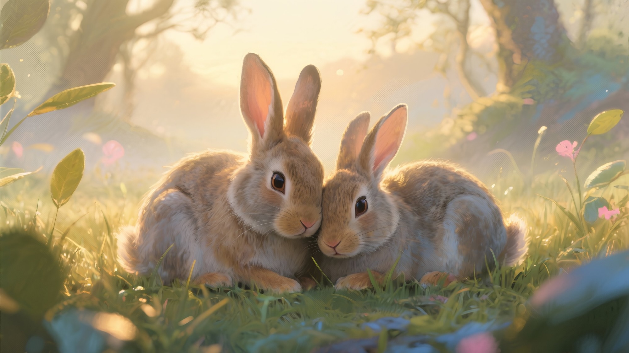 Two rabbits cuddle gently in soft morning light, surrounded by grass and golden mist—symbolizing warmth, safety, and compassionate presence after a transformative experience.