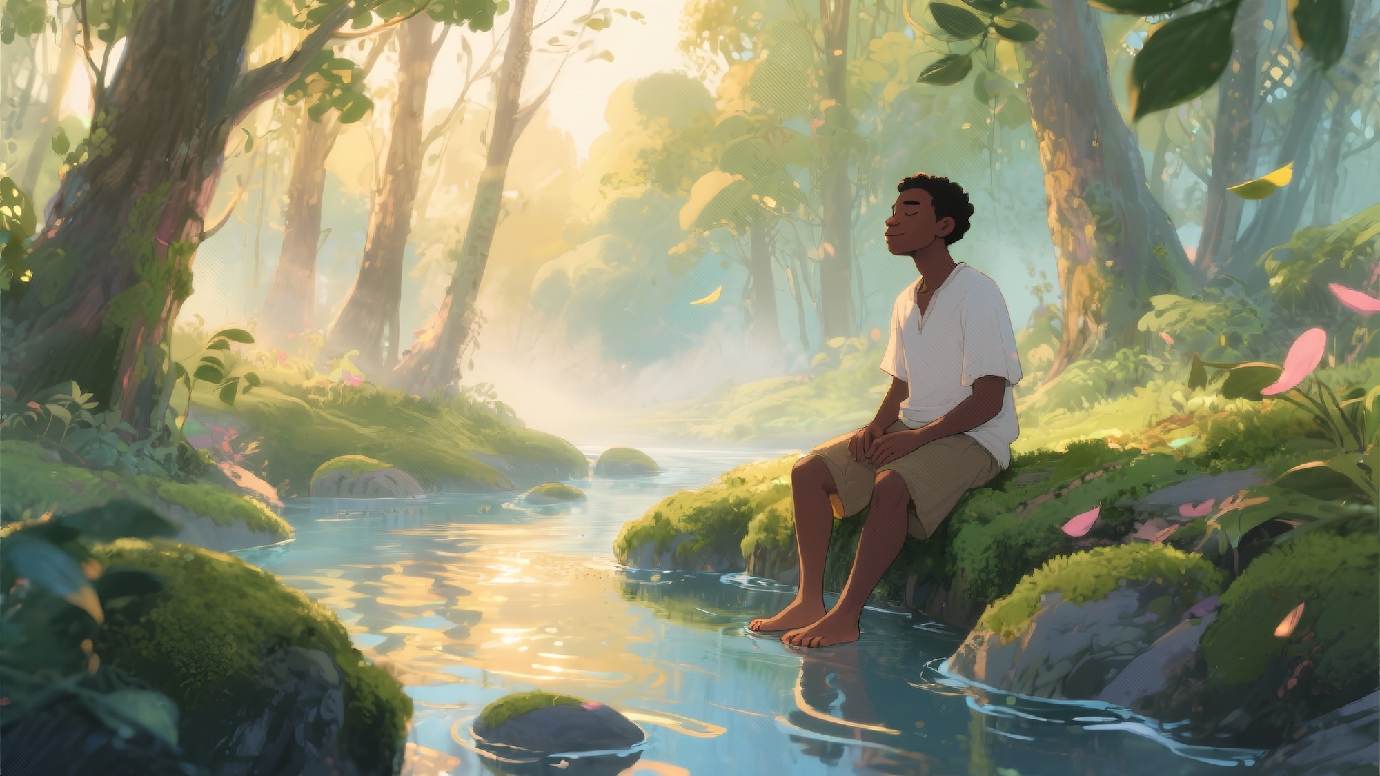 A man stands calmly beside a forest stream in soft morning light, surrounded by moss and gentle ripples—symbolizing grounding, breath, and the nervous system’s return to calm through nature.